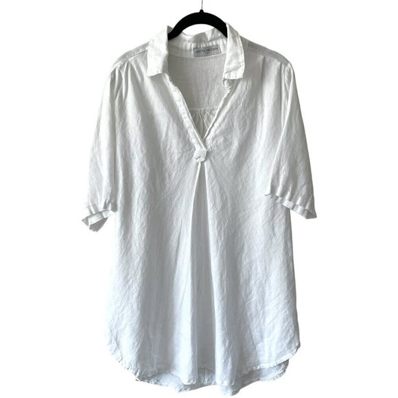 Nikita Linen Pullover V-Neck Short Sleeve Curvy Hem Casual Blouse White Large - Picture 1 of 10